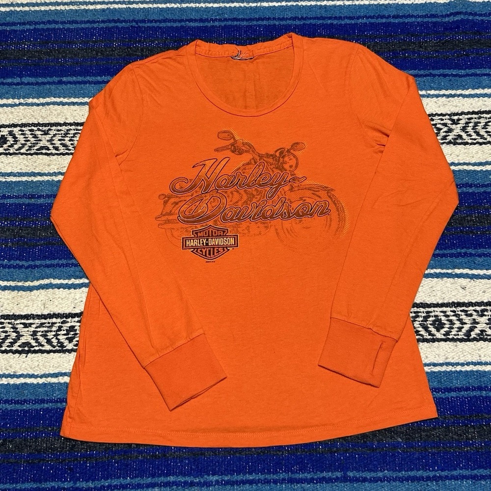 Harley Davidson Women's Large Orange Long Sleeve Motorcycle Winged Logo Shirt